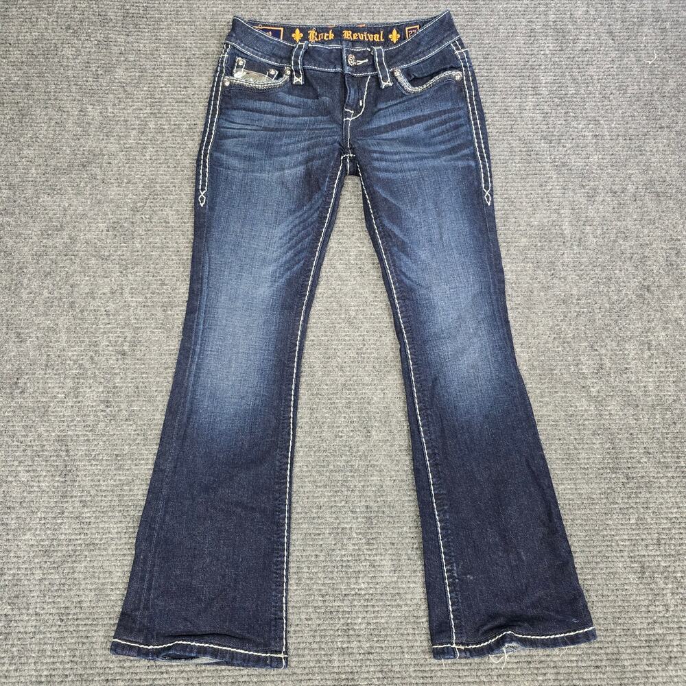 Rock Revival Roux Jeans Womens 27x29 Bootcut Blue Embellished Flap Pro Hemmed